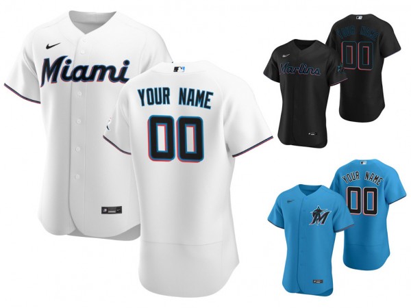 Custom Miami Marlins Flex Base Jersey - White/Black/Light Blue