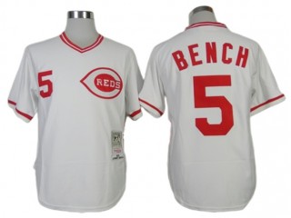 Cincinnati Reds #5 Johnny Bench White 1975 Throwback Jersey
