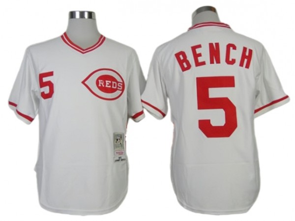 Cincinnati Reds #5 Johnny Bench White 1975 Throwback Jersey