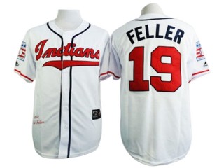 Cleveland Indians #19 Bob Feller White Throwback Jersey