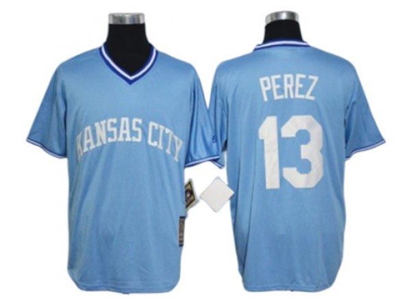 Kansas City Royals #13 Salvador Perez Ligh Blue Cooperstown Jersey