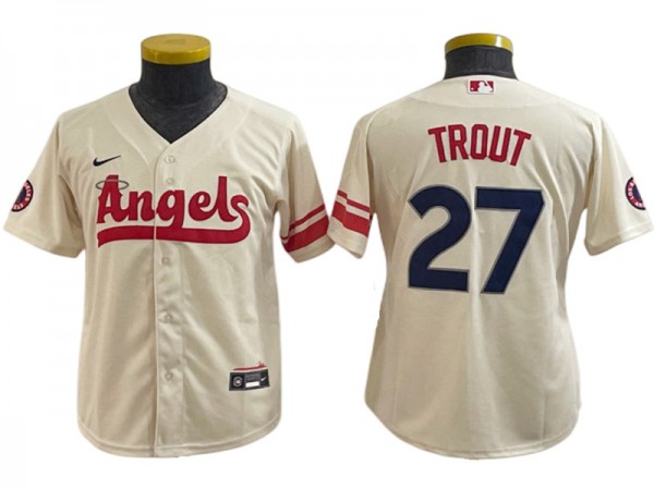 Youth Los Angeles Angels #27 Mike Trout Cool Base Jersey - Red/White/Cream