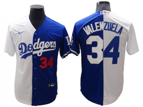 Los Angeles Dodgers #34 Fernando Valenzuela Royal/White Split Jersey