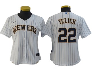 Women's Milwaukee Brewers #22 Christian Yelich Cool Base Jersey -  White/Gray/Cream/Navy