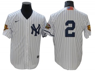 New York Yankees #2 Derek Jeter White Vintage 2001 World Series Patch/100 Seasons American League Patch Jersey
