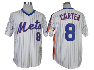 New York Mets #8 Gary Carter White Pinstripe Throwback Jersey