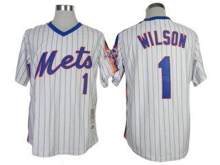 New York Mets #1 Mookie Wilson White Pinstripe 1986 Throwback Jersey