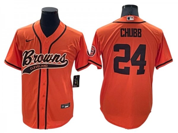 Cleveland Browns #24 Nick Chubb Baseball Style Jersey - Orange/Brown/White