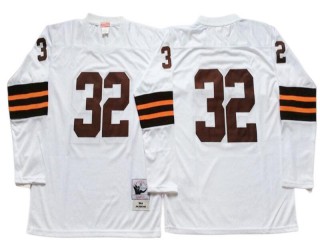 M&N Cleveland Browns #32 Jim Brown White Legacy Long Sleeve Jersey