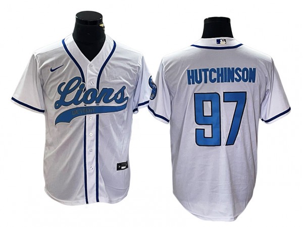 Detroit Lions #97 Aidan Hutchinson White Baseball Jersey