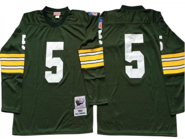 M&N Green Bay Packers #5 Paul Hornung Green 1961 Throwback Long Sleeve Jersey