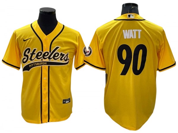 Pittsburgh Steelers #90 T.J. Watt Baseball Style Jersey - Black/White/Gold