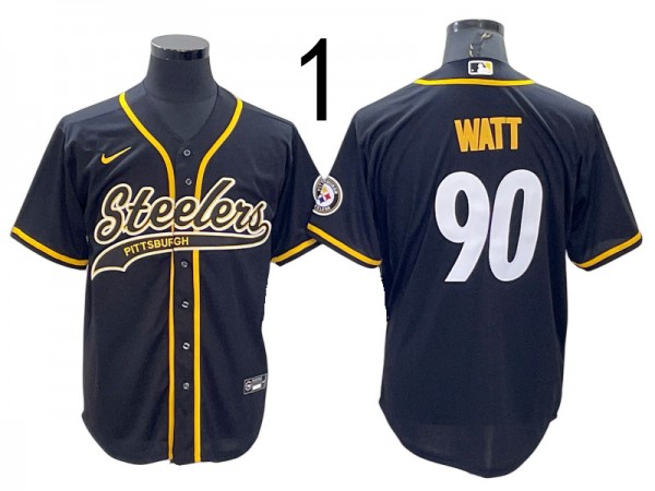 Pittsburgh Steelers #90 T.J. Watt Baseball Style Jersey - Black/White/Gold