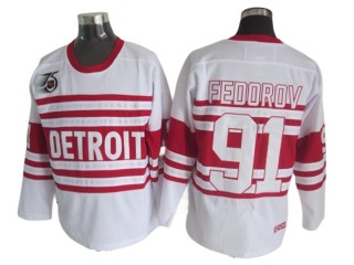 Detroit Red Wings #91 Sergei Fedorov White 75TH Vintage CCM Jersey